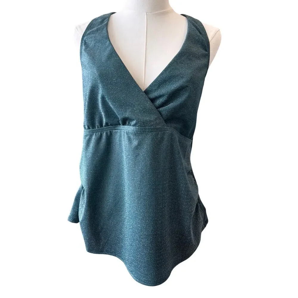 New LANDS' END Women's Shimmer Blue V-Neck Wrap Style Swim Top Size XL